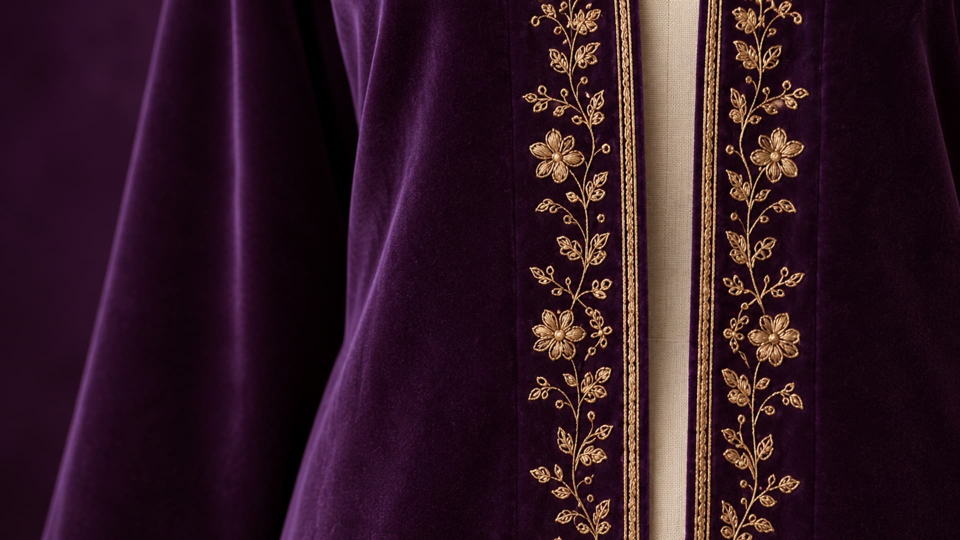 Dettaglio di un soprabito da cerimonia in velluto viola con ricamo dorato