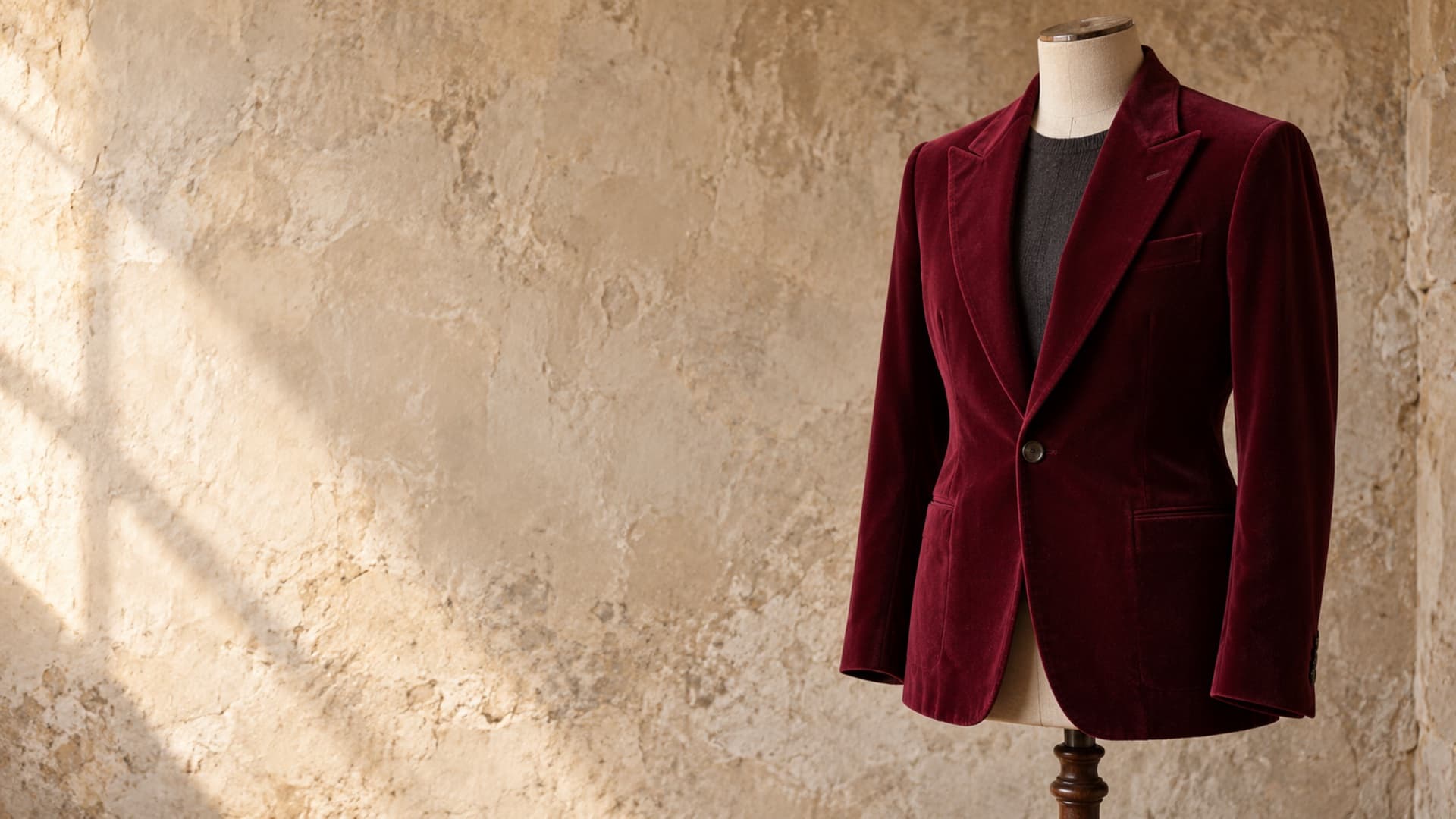 Giacca in velluto di cotone bordeaux (rif. 3235) su un manichino da sarto
