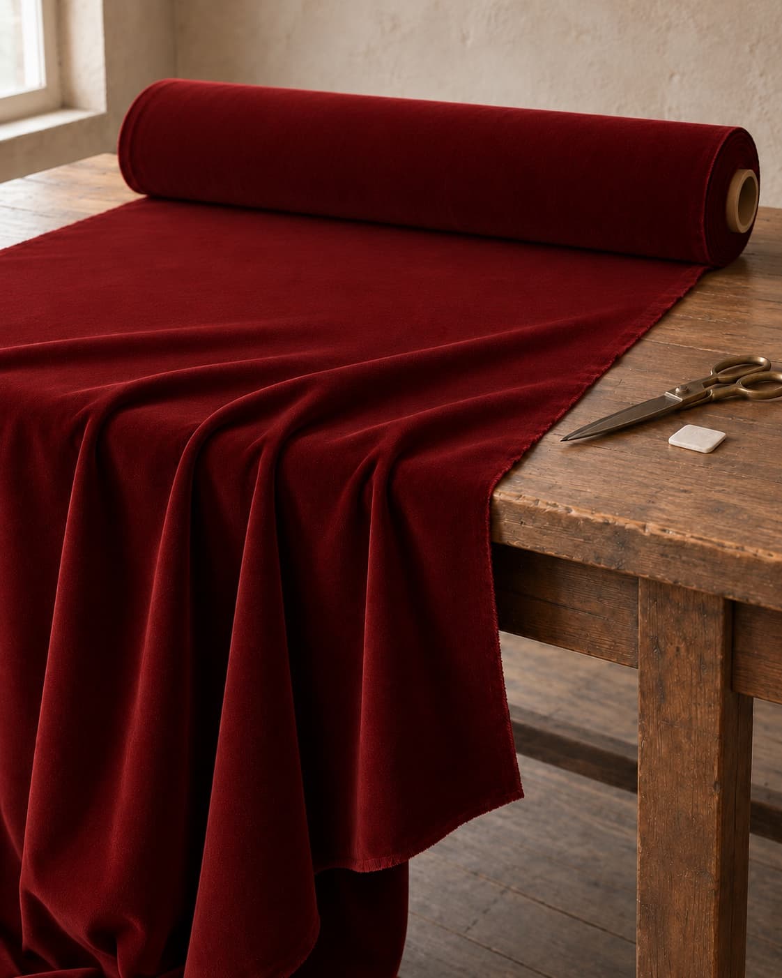 Rollo de 3000 Cotton Velvet burdeos (ref. 3220) desenrollado sobre una mesa de corte