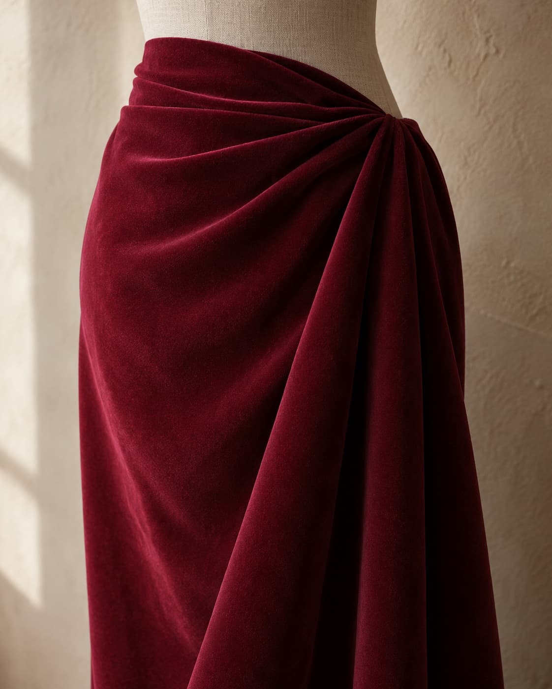 3000 Cotton Velvet in burgundy (ref. 3212) draped over a dressmaker's form