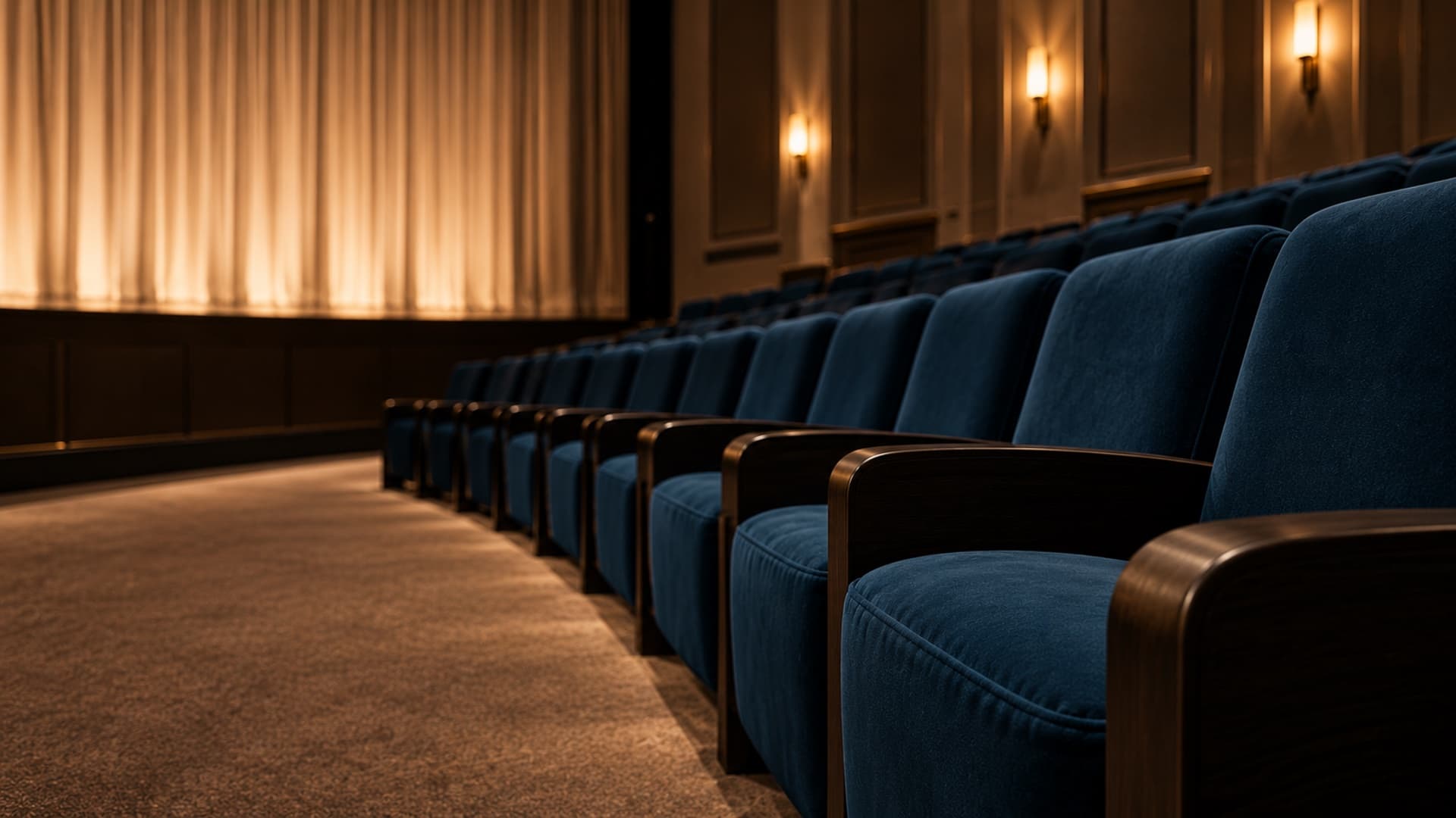 Rangée de fauteuils en velours bleu dans un auditorium