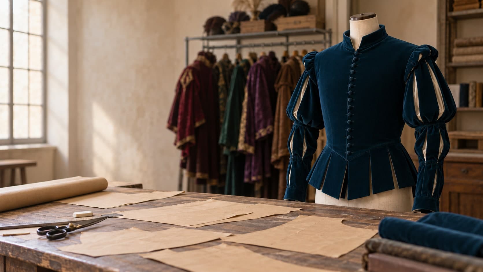 Period petrol-blue velvet doublet (ref. 3729) in a costume workshop