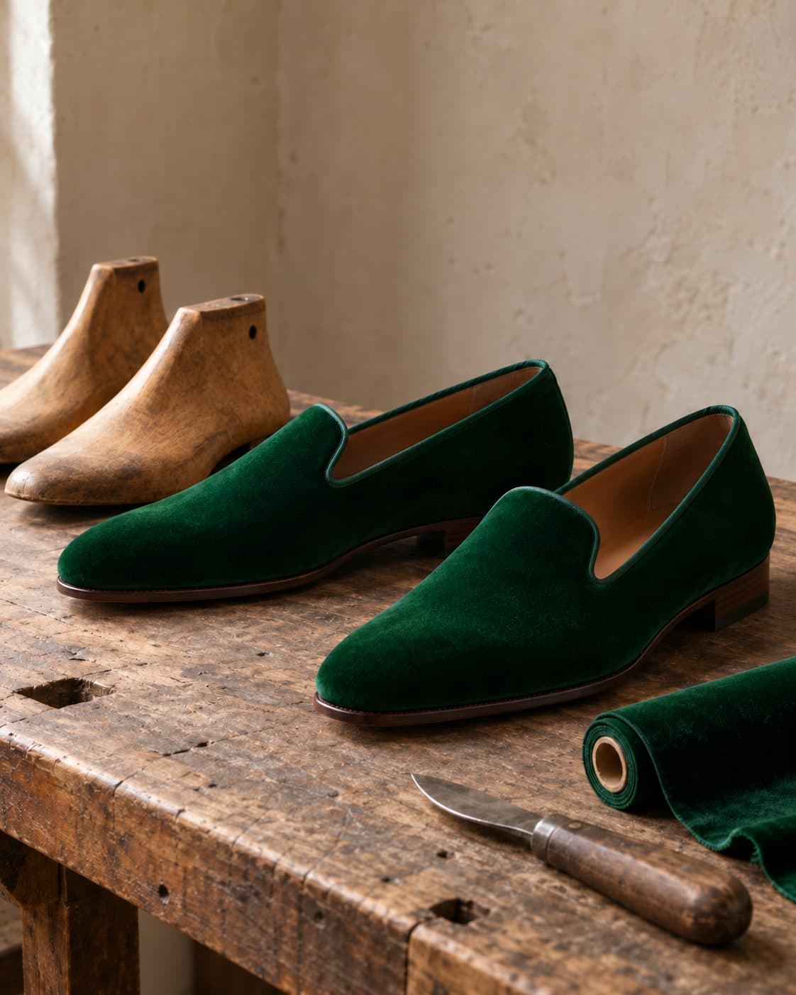 Mocassins en velours vert émeraude (réf. 3808) sur un établi de cordonnier avec des formes