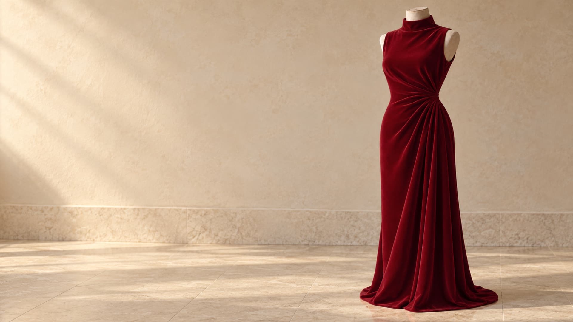 Robe du soir en velours rouge dans un atelier baigné de soleil