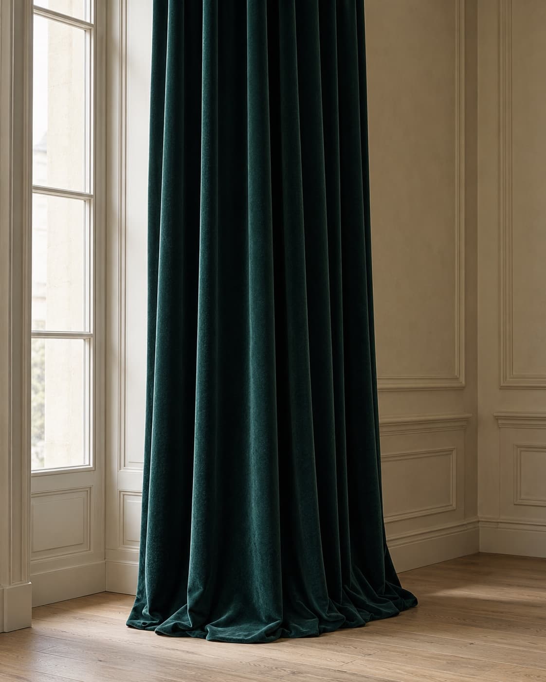 Fir green velvet curtains (ref. 3785) from floor to ceiling in a classic drawing room