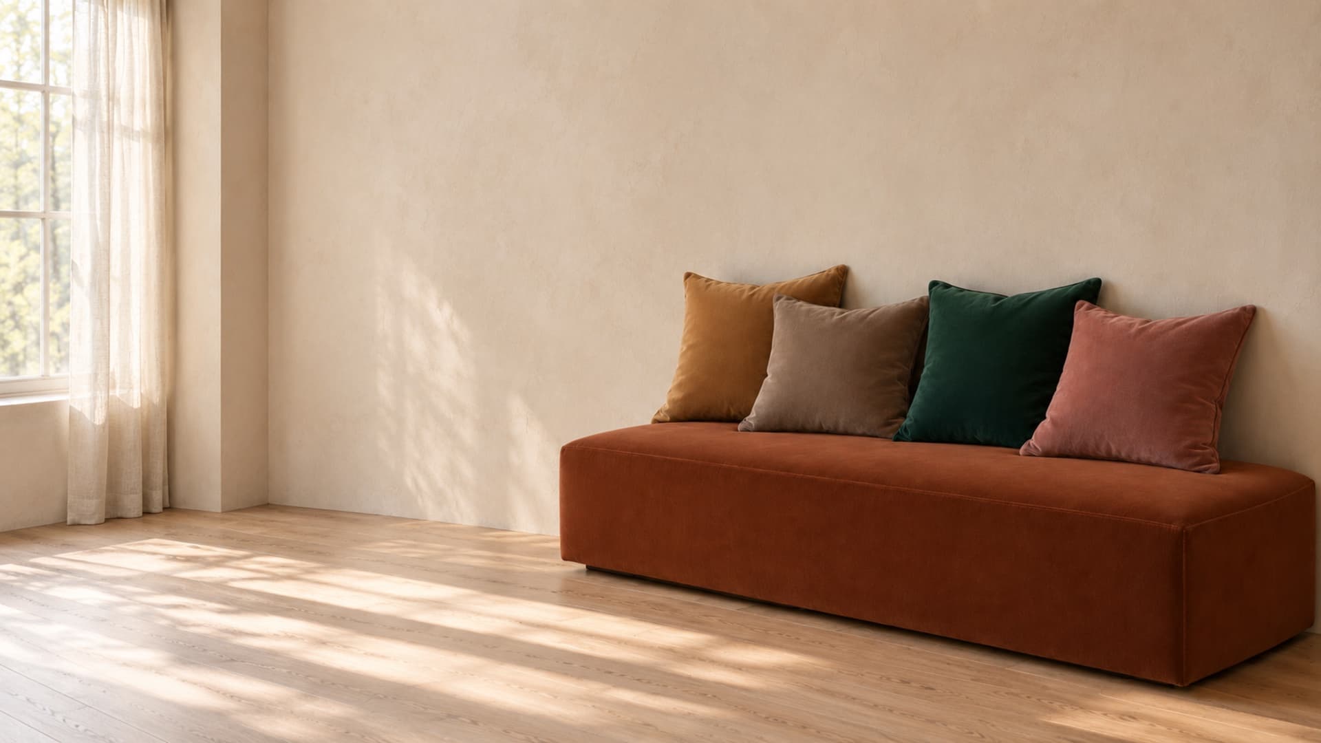 Tobacco velvet bench with coloured cushions in a bright living room