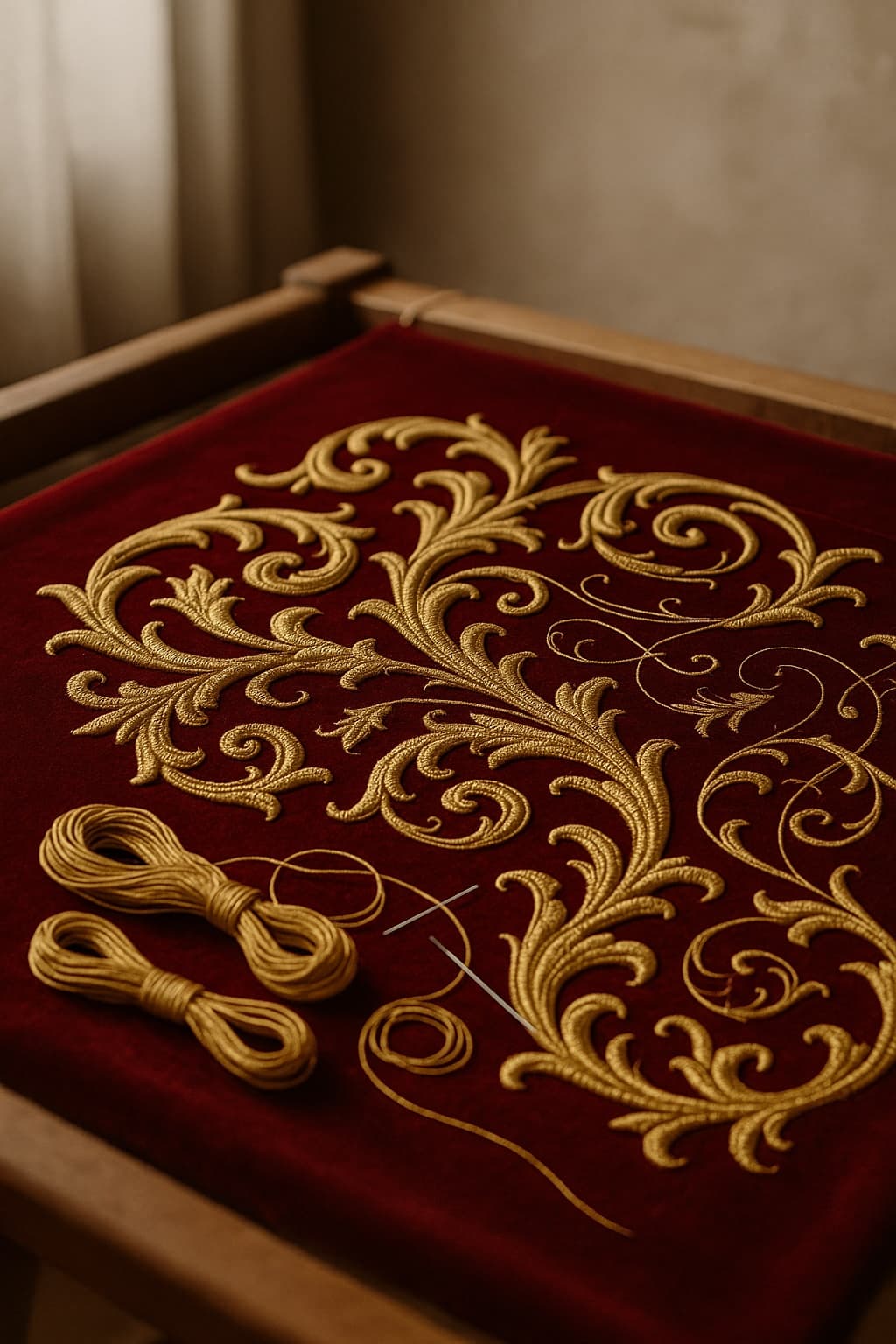 Gold-thread embroidery on crimson velvet in an embroidery frame