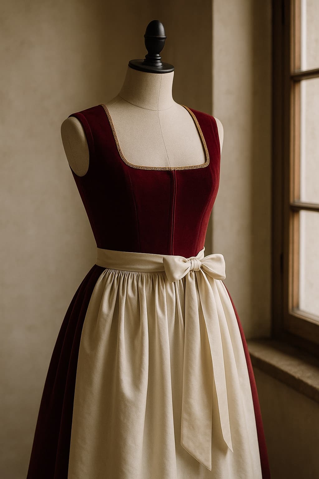 Dirndl with a burgundy velvet bodice and linen apron