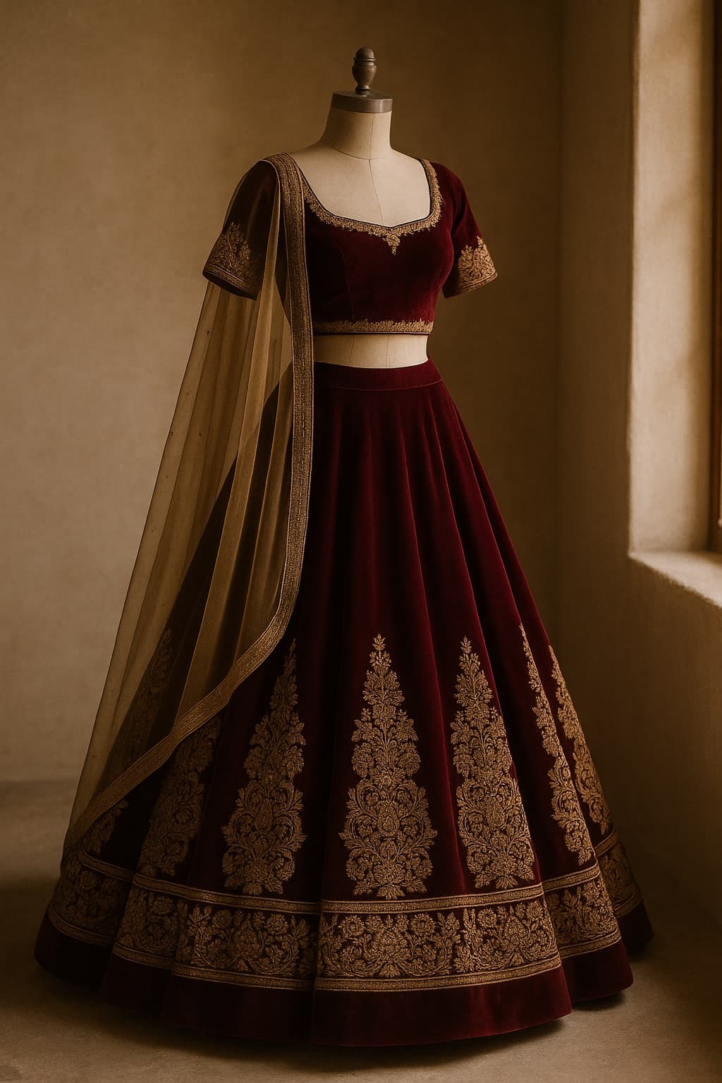 Burgundy velvet bridal lehenga with gold embroidery
