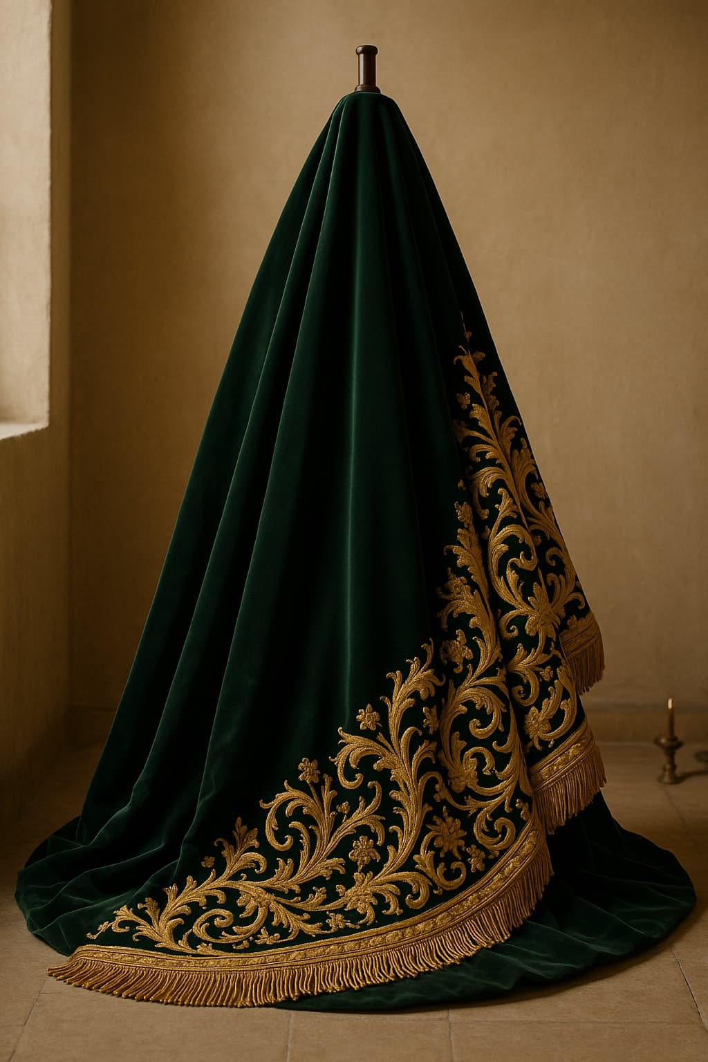 Green velvet processional mantle with gold embroidery