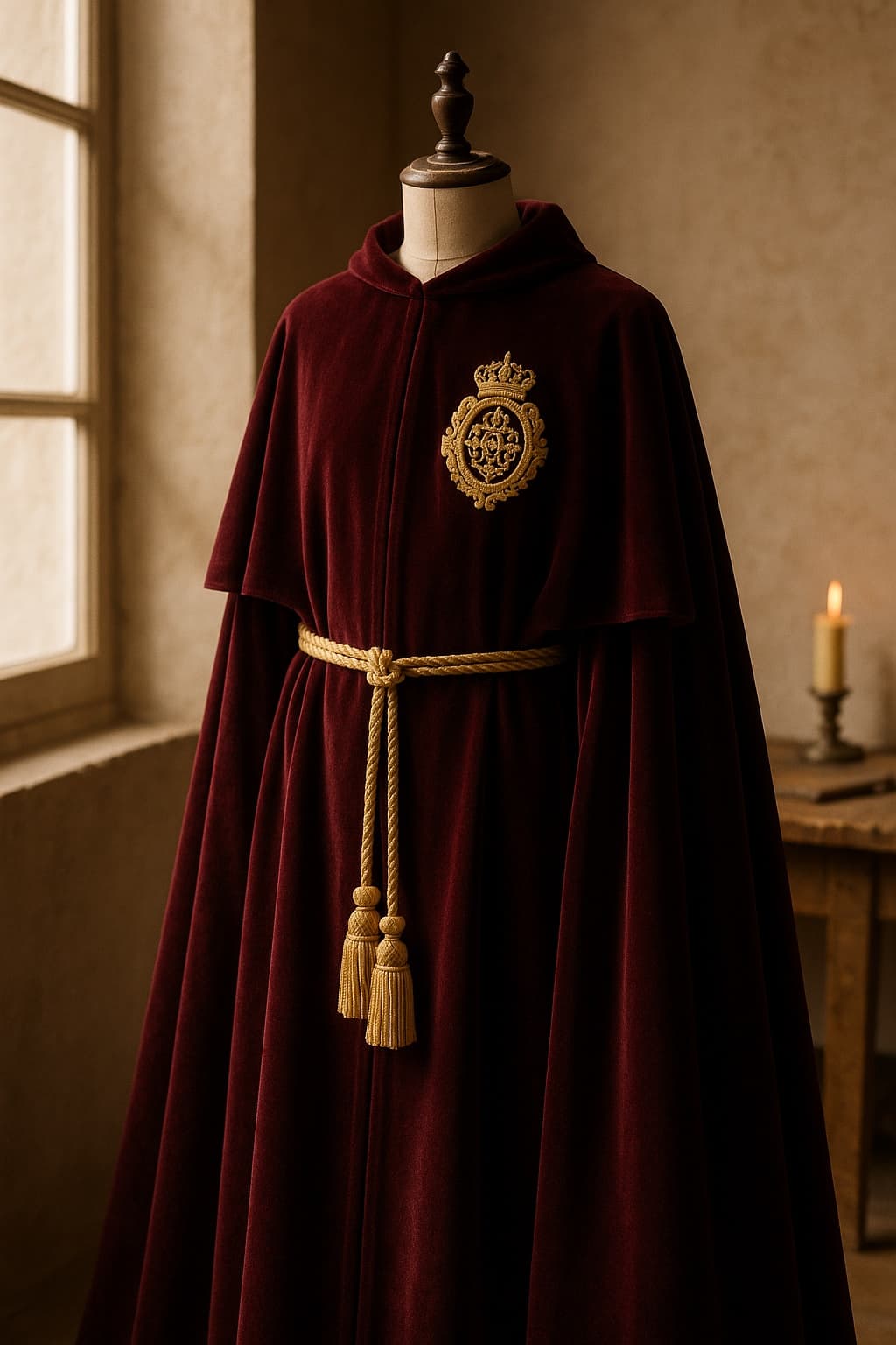 Burgundy velvet brotherhood robe and cape with an embroidered crest