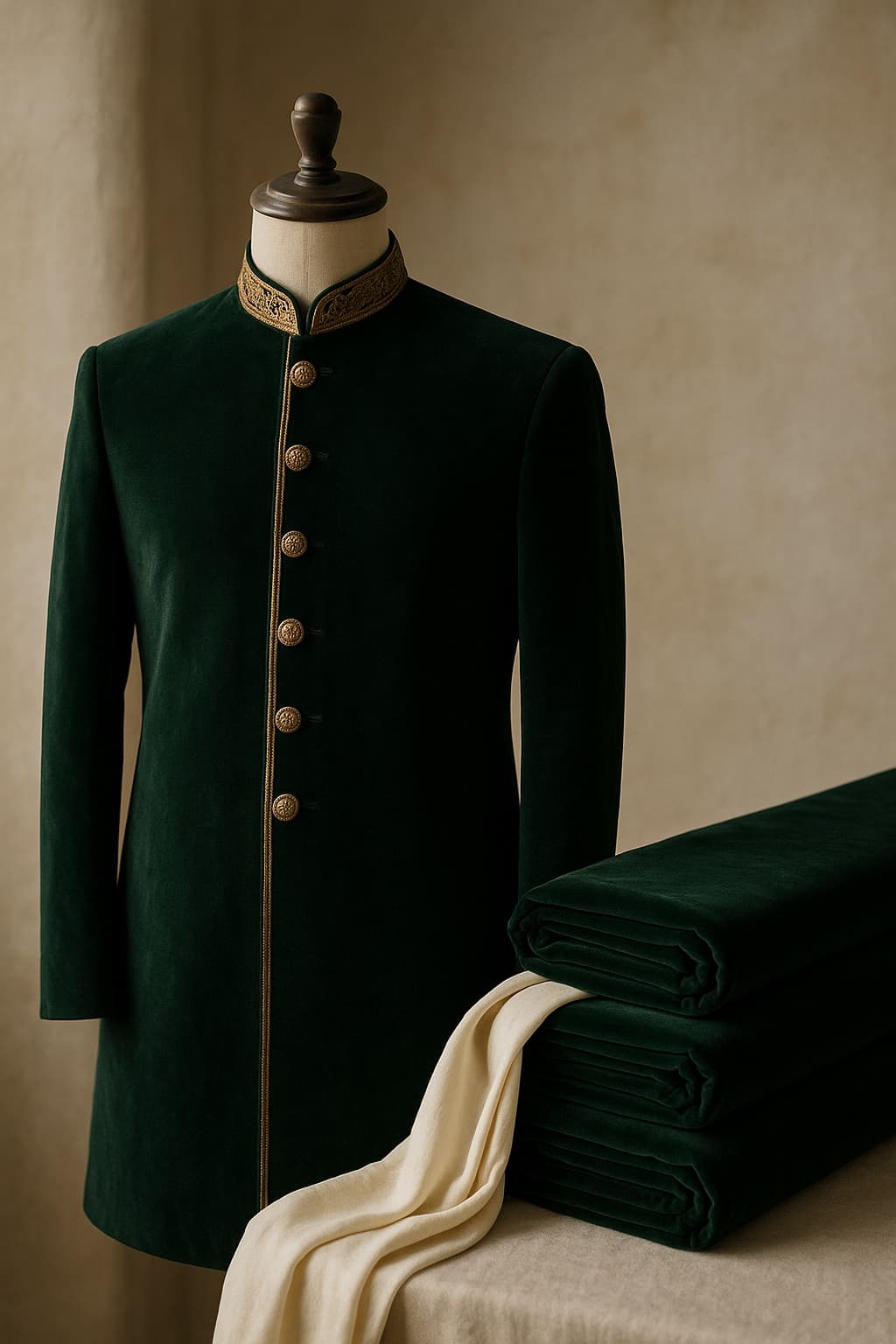 Bottle-green velvet sherwani with gold buttons