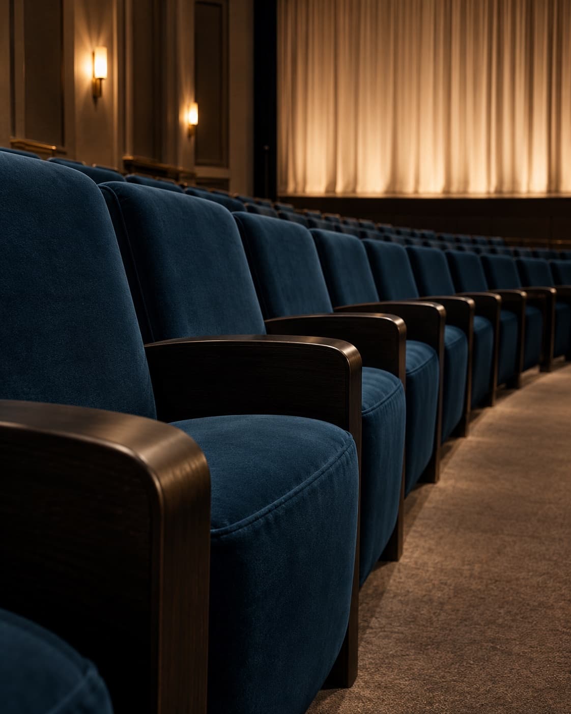 Auditorium seats upholstered in petrol blue velvet (ref. 3729)