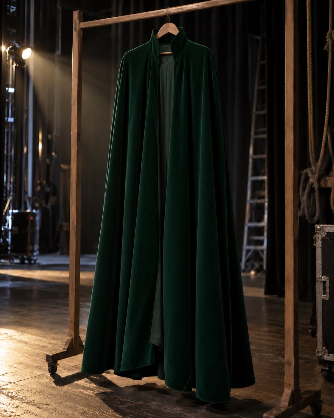 Bottle-green velvet costume cape (ref. 3822) backstage in a theatre
