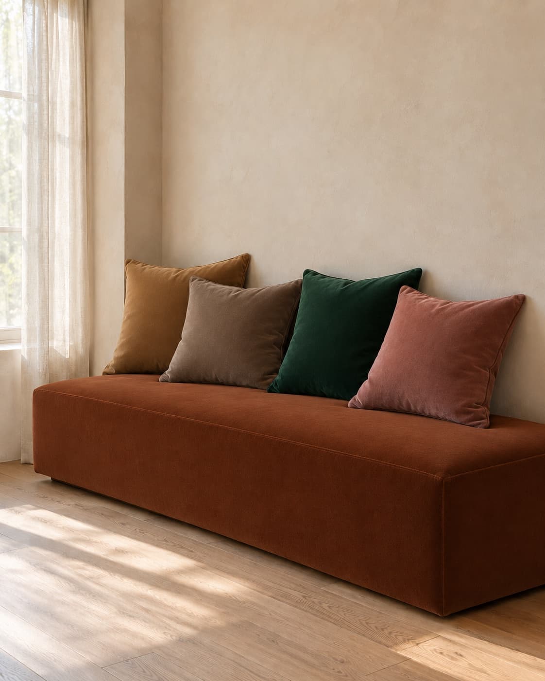 Bench upholstered in tobacco velvet (ref. 3325) with coloured velvet cushions