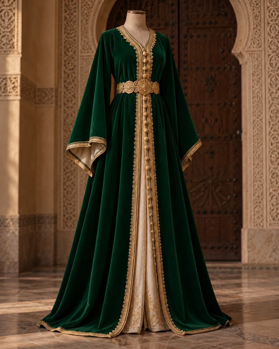 Takchita en velours émeraude (réf. 3808) avec sfifa et boutons dorés sur un mannequin