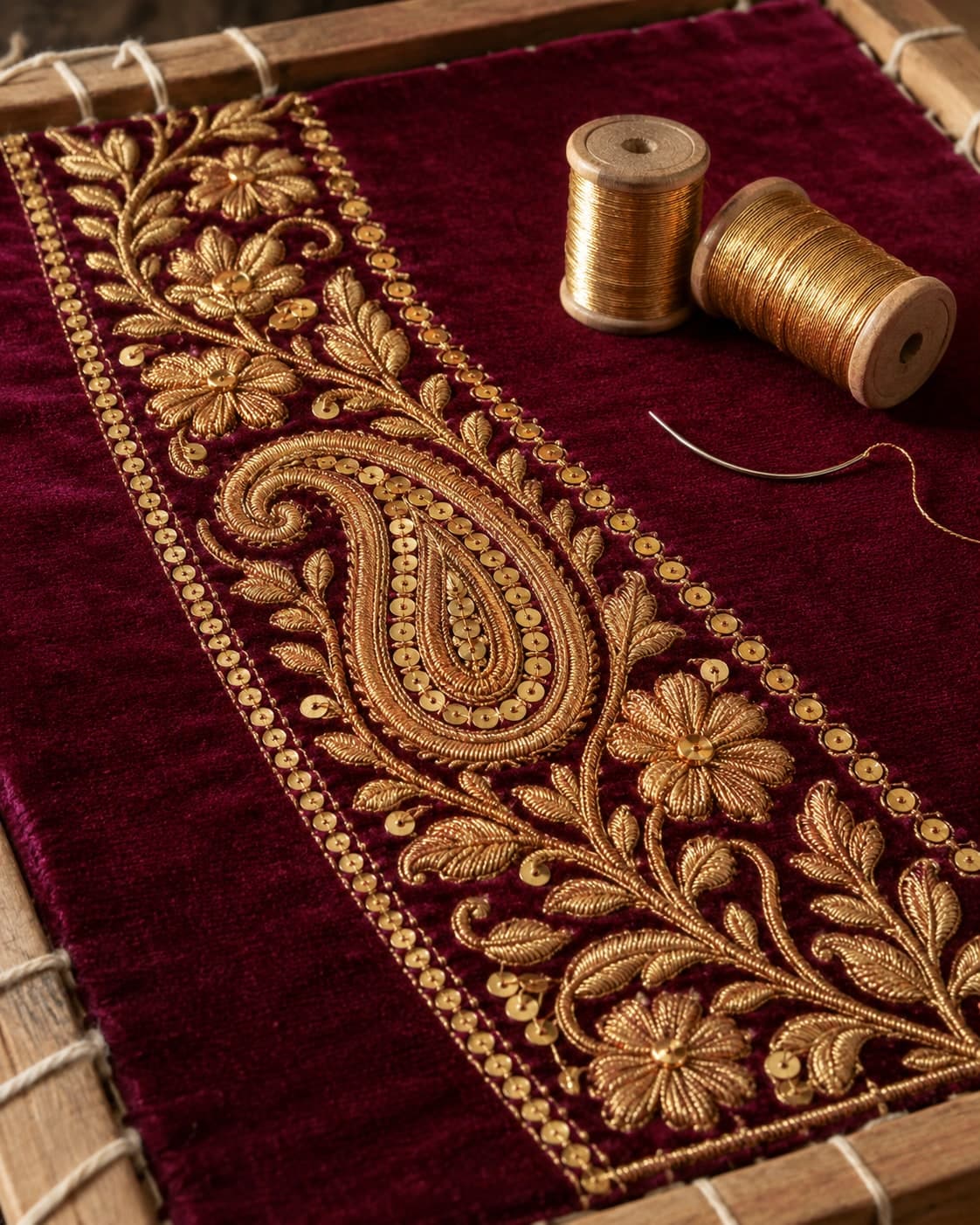 Broderie zardozi au fil d'or sur velours bordeaux (réf. 3212) tendu sur un métier